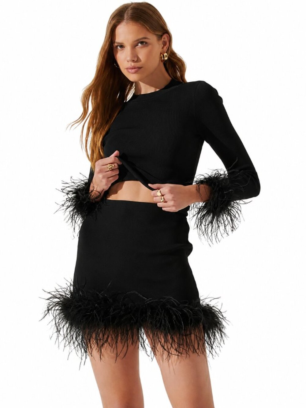 ASTR The Label Keily Feather Trim Two Piece Set Black (Size M)